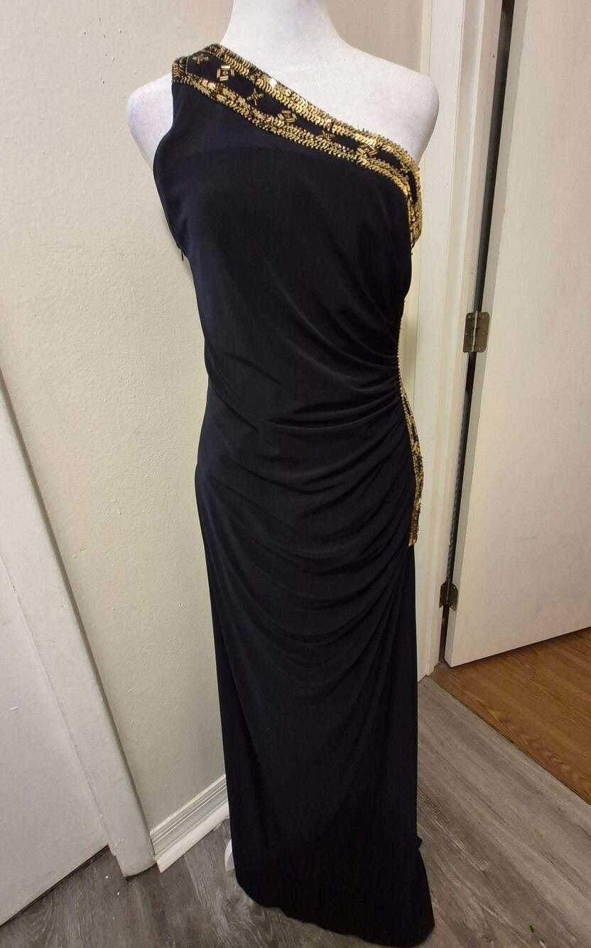 Betsy & Adam One-Shoulder Black Evening Gown with Gold Sequin Beaded Trim